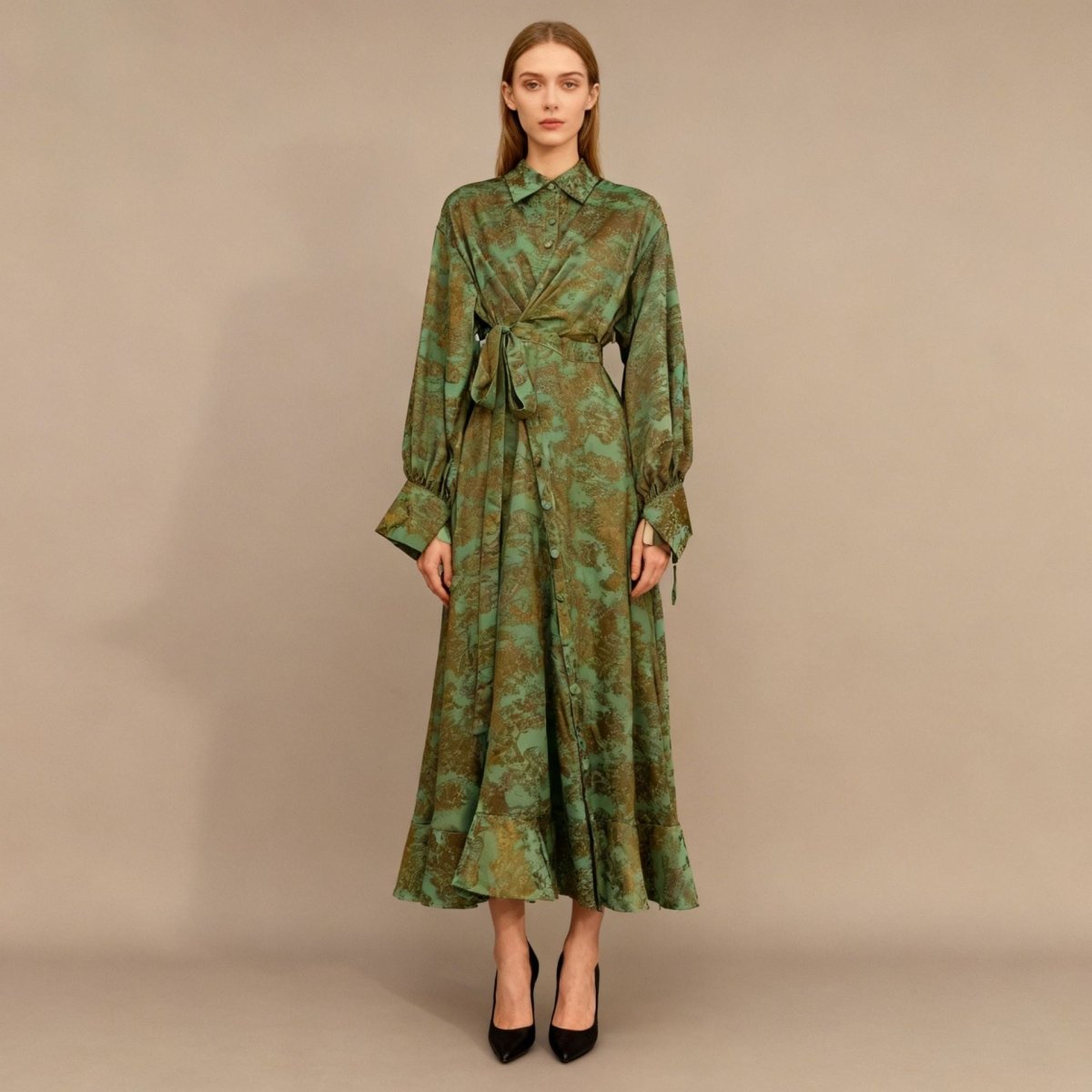 Robe Portefeuille en Jacquard Floral | Robe Maxi à Col et Manches Nouées (MS257)