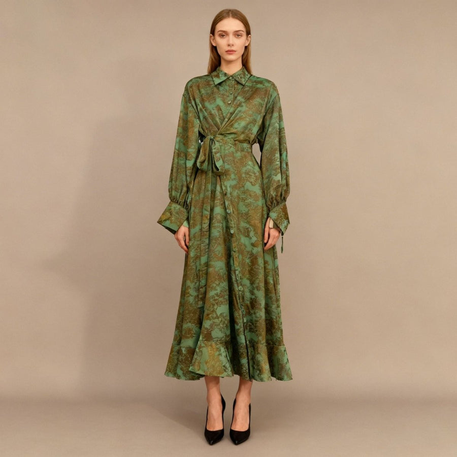 Robe Portefeuille en Jacquard Floral | Robe Maxi à Col et Manches Nouées (MS257)