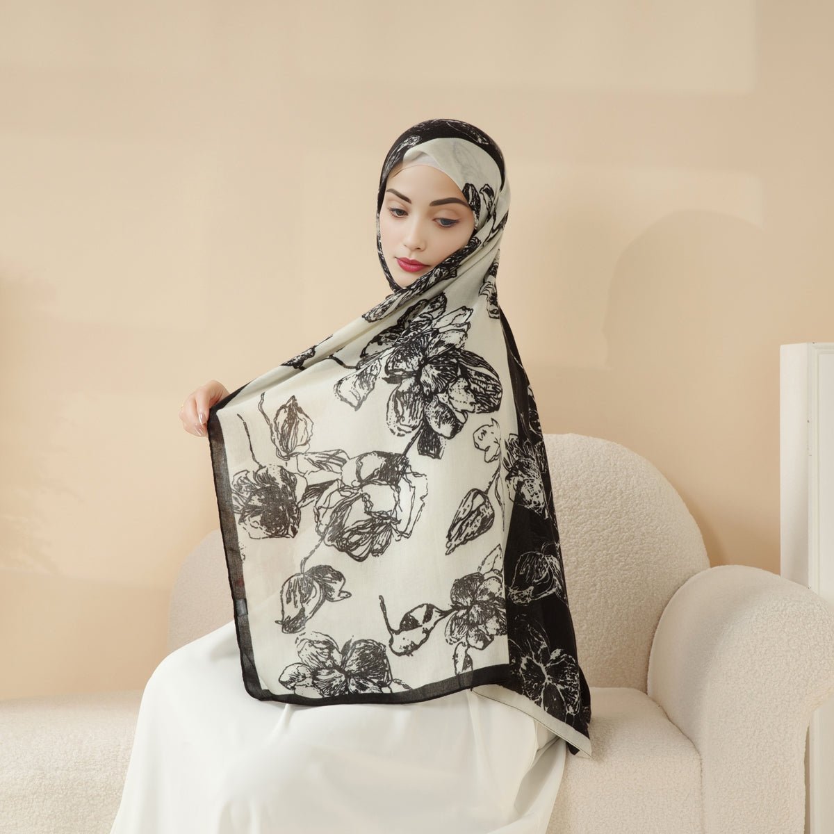 MH095 Châle en coton et lin mélangés à motifs floraux naturels et géométriques color-block imprimés