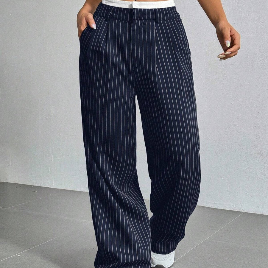 Pantalon large à rayures fines | Pantalon taille haute avec ceinture contrastante (MS244)