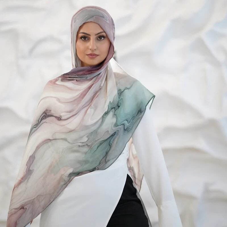 Foulard Hijab en Satin à Imprimé Aquarelle Tie-Dye (MH212)