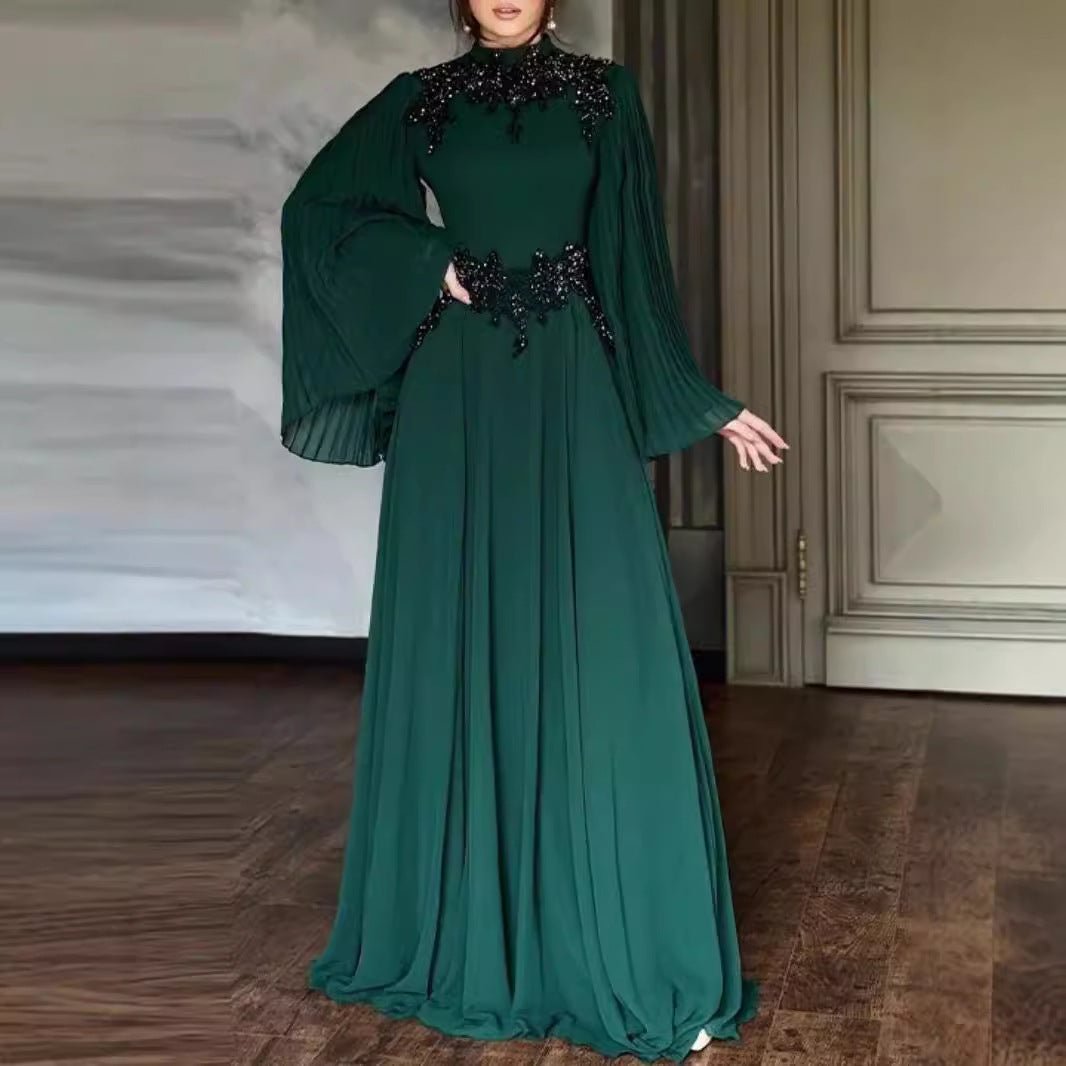 Robe de soirée en dentelle perlée | Robe longue à manches plissées avec appliques de cristaux (MA346)
