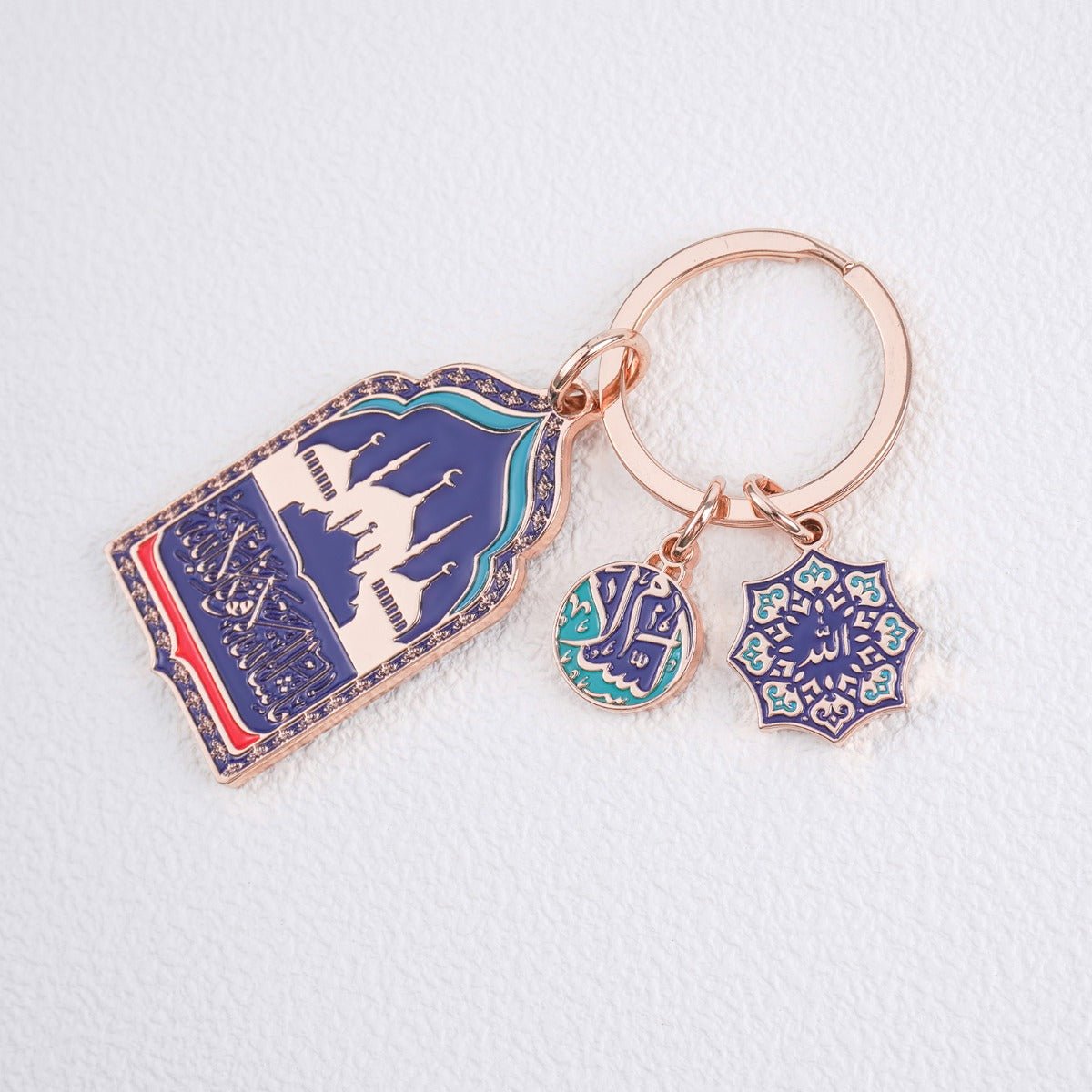 Porte-clés Mosquée pour Voiture | Chapelet de Prière Islamique en Perles Doré Rose avec Breloque Mosquée en Émail Bleu (MAC254)