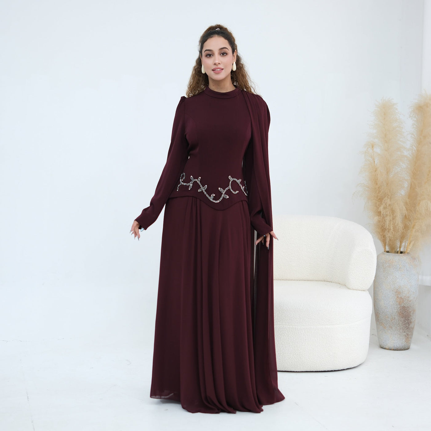 Robe Maxi Cape Sleeve à Taille Perlée(MS499)