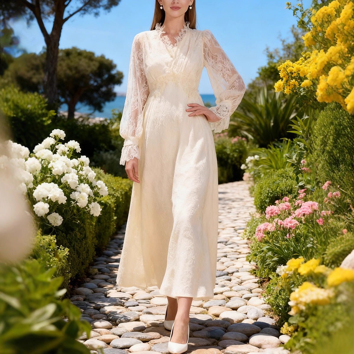 Robe Maxi Col en V en Dentelle Française (MS361)