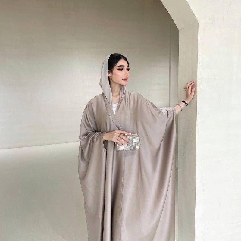Robe Abaya à Manches Chauve-Souris Douces | Robe Cardigan en Satin à Col en V (MOA224)