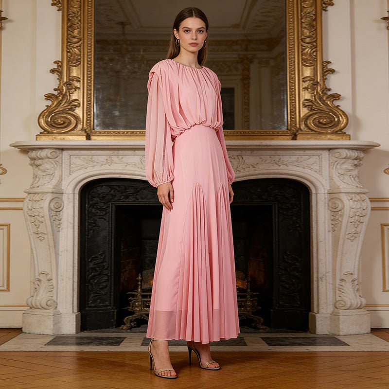 Robe longue col rond, bustier drapé et manches lanterne (MS402)