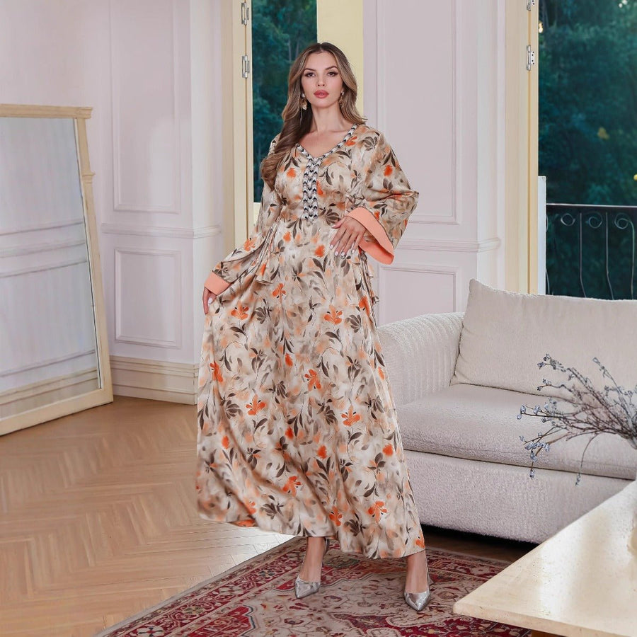 Abaya Botanique Modest Luxury | Robe Fleurie Crème & Orange avec Manches Élégantes (MA260)