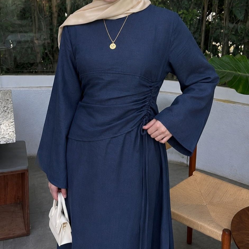 Robe Maxi à Taille Coulissante Froncée et Manches Évasées(MS492)