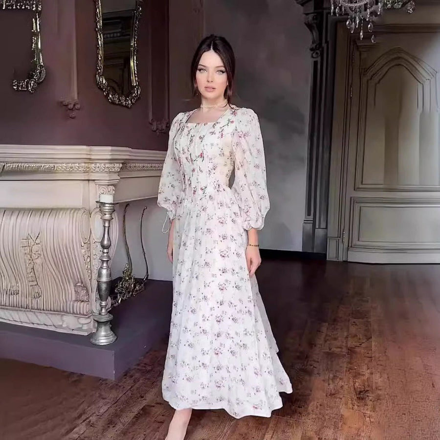 Robe Abaya Fée Florale Romantique à Col Carré, Manches Bouffantes et Lacet au Dos (MA224)