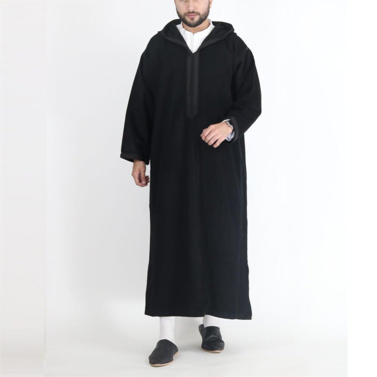 Robe Thobe Musulmane Modeste Longue à Capuche Noire Premium pour Homme (MT029)