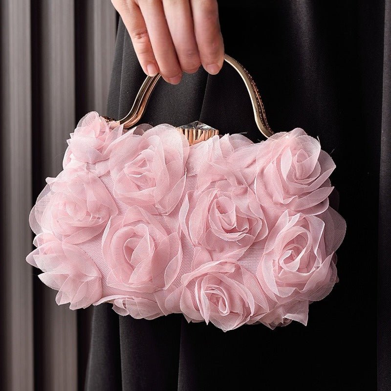 Pochette de soirée fleur rose | Sac de mariage avec poignée métallique (MAC357)