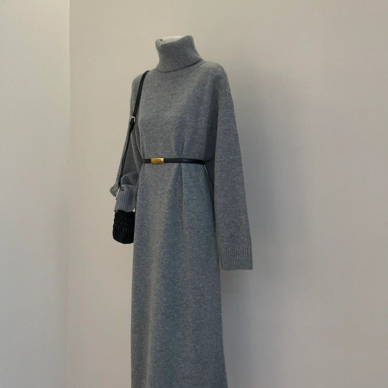 Robe Maxi en Tricot à Col Roulé Automne Hiver | Robe Pull Grise à Manches Longues, Style Élégant et Décontracté (MS131)