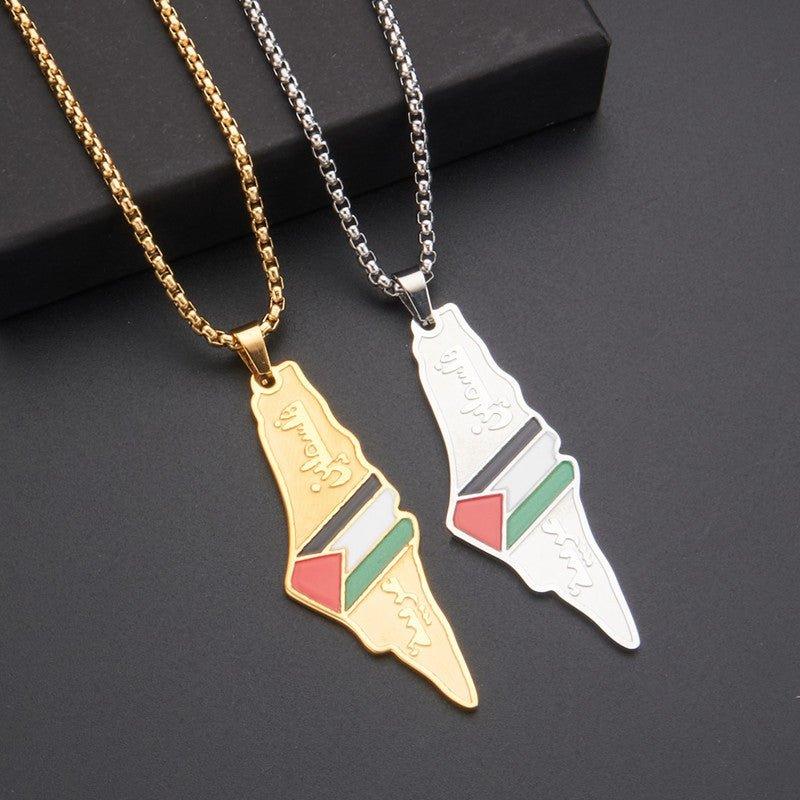 Collier MAC101 avec pendentif carte du drapeau palestinien, keffieh gravé collé, en acier inoxydable