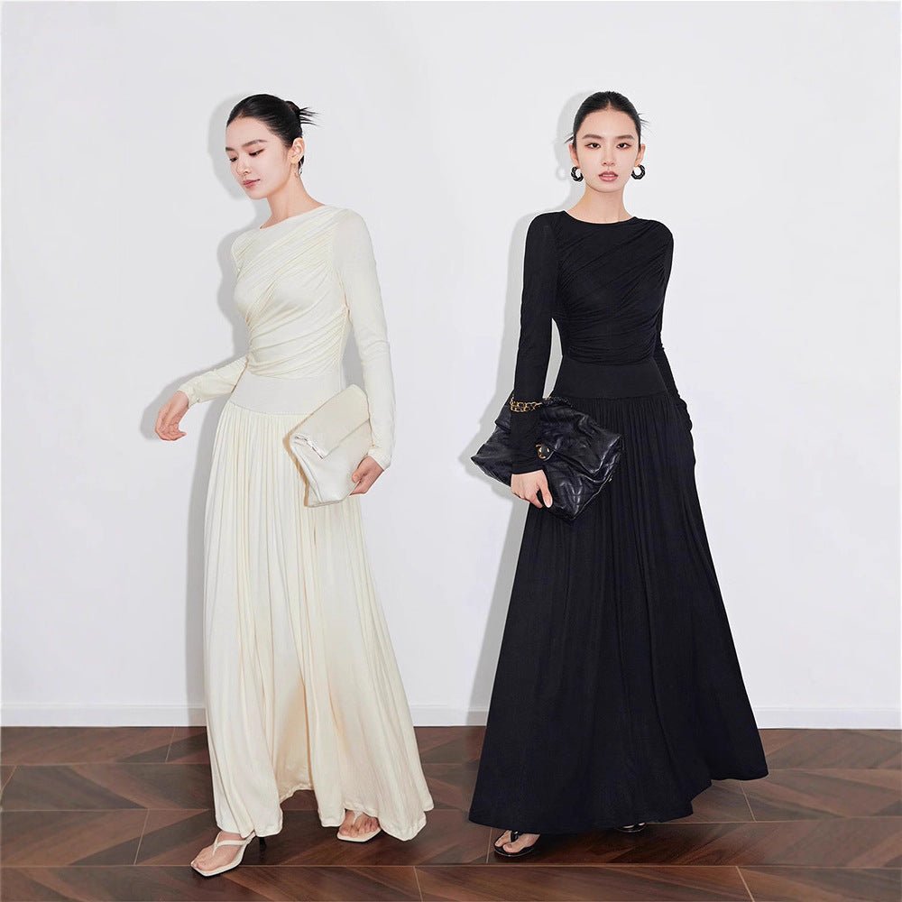 Robe en Maille Asymétrique Froncée avec Jupe Plissée (MS343)
