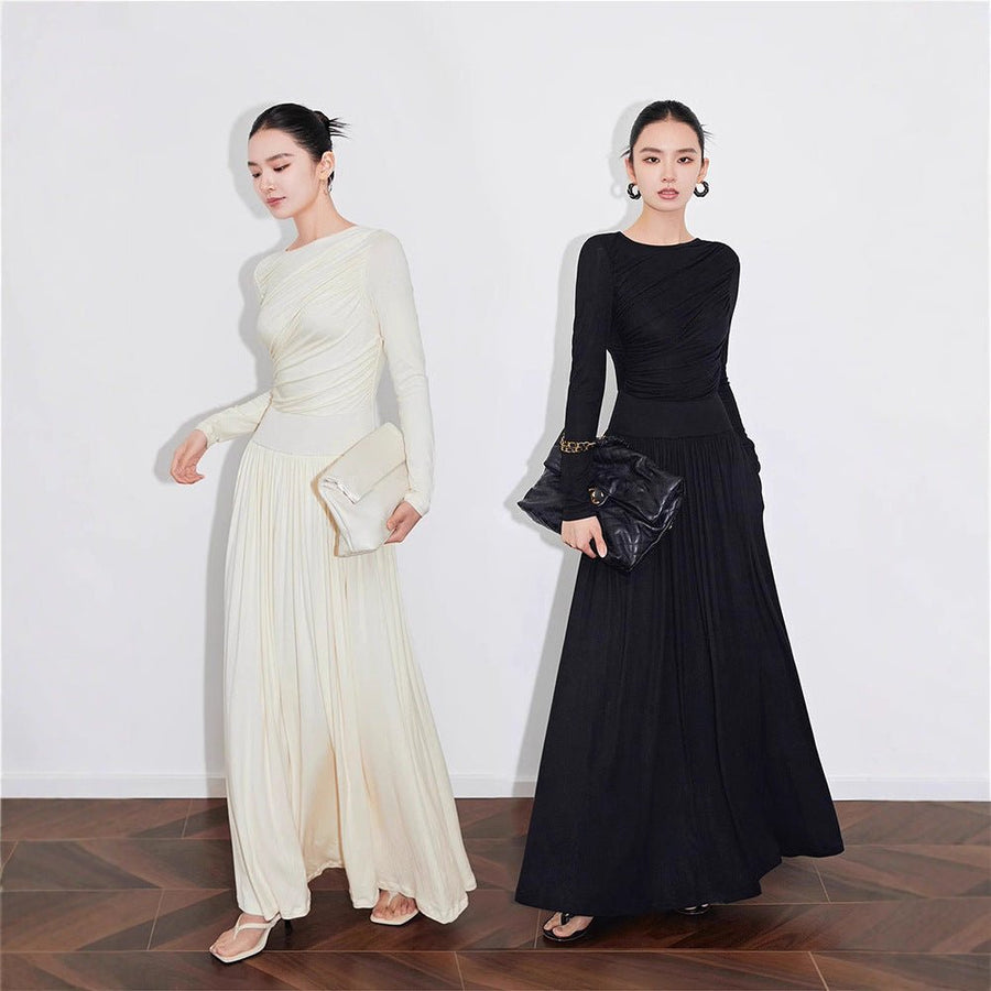 Robe en Maille Asymétrique Froncée avec Jupe Plissée (MS343)