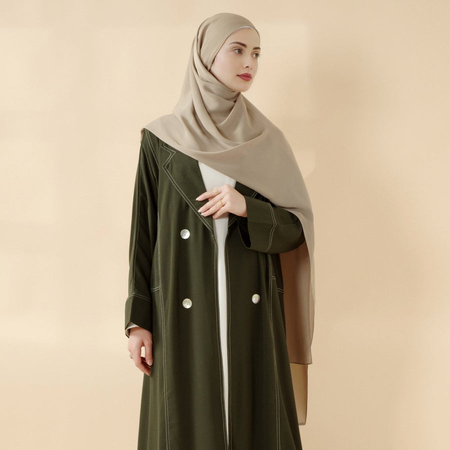 Trench-coat abaya ouvert (Abaya MOA122) vert forêt, croisé, à surpiqûres contrastées, fine