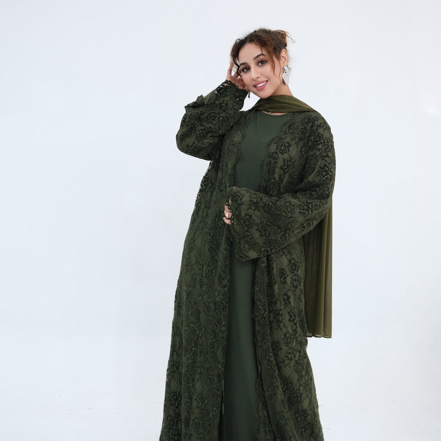 Abaya ouverte en dentelle florale avec doublure (MOA329)
