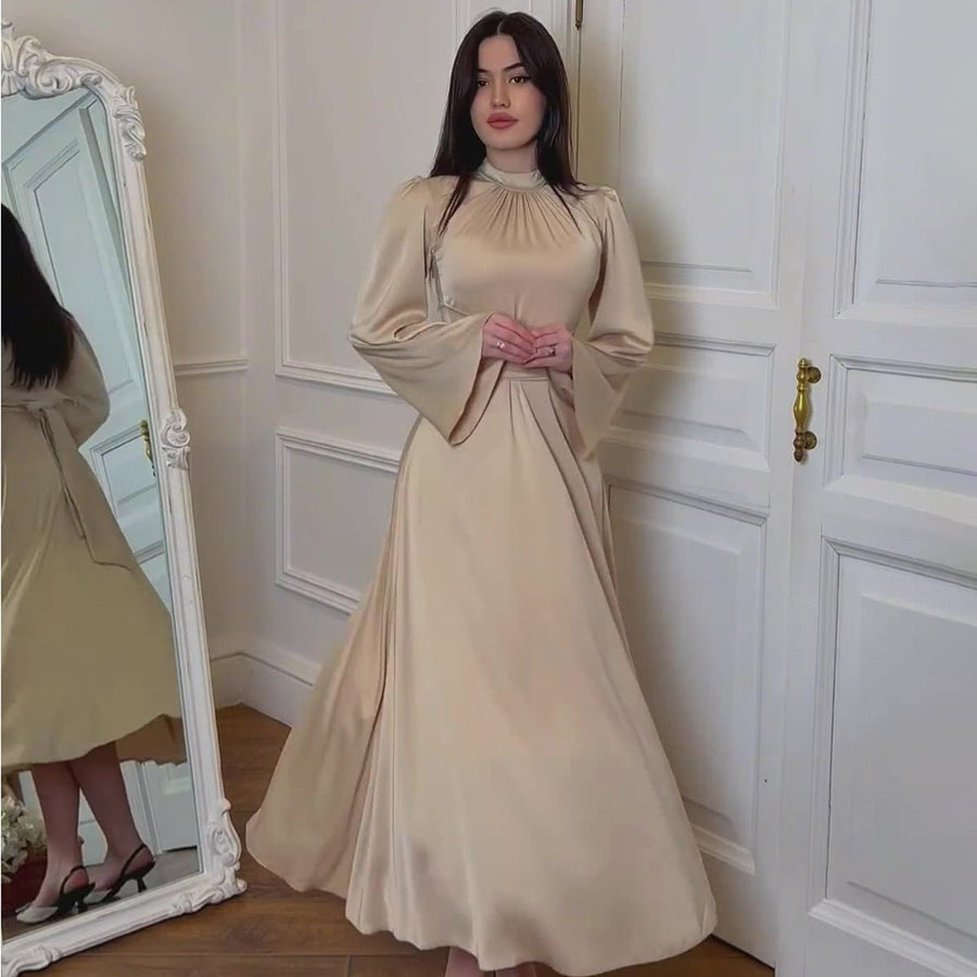 Robe Abaya de Soirée Princesse en Satin Intemporelle, Cintrée à la Taille (MA205)