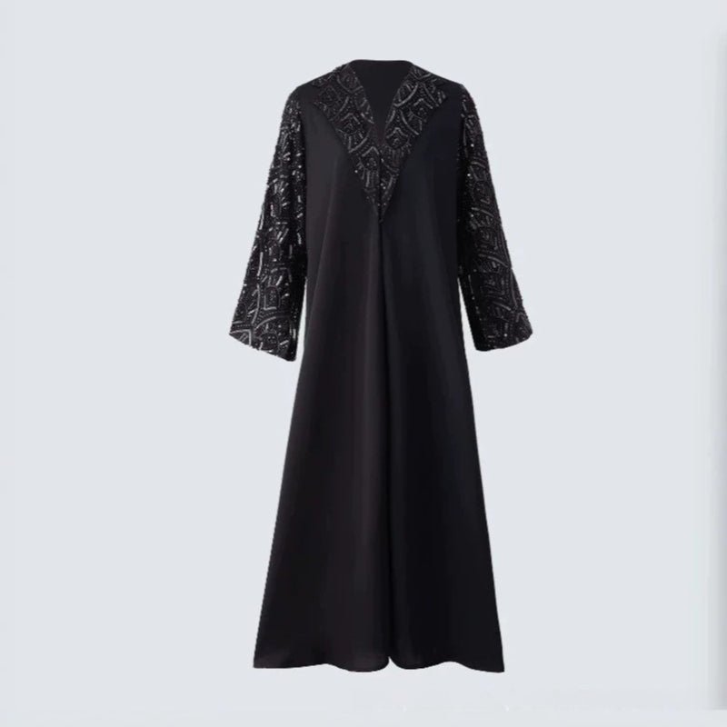 Abaya ouverte avec manches brodées de sequins et perles noires (MOA339)