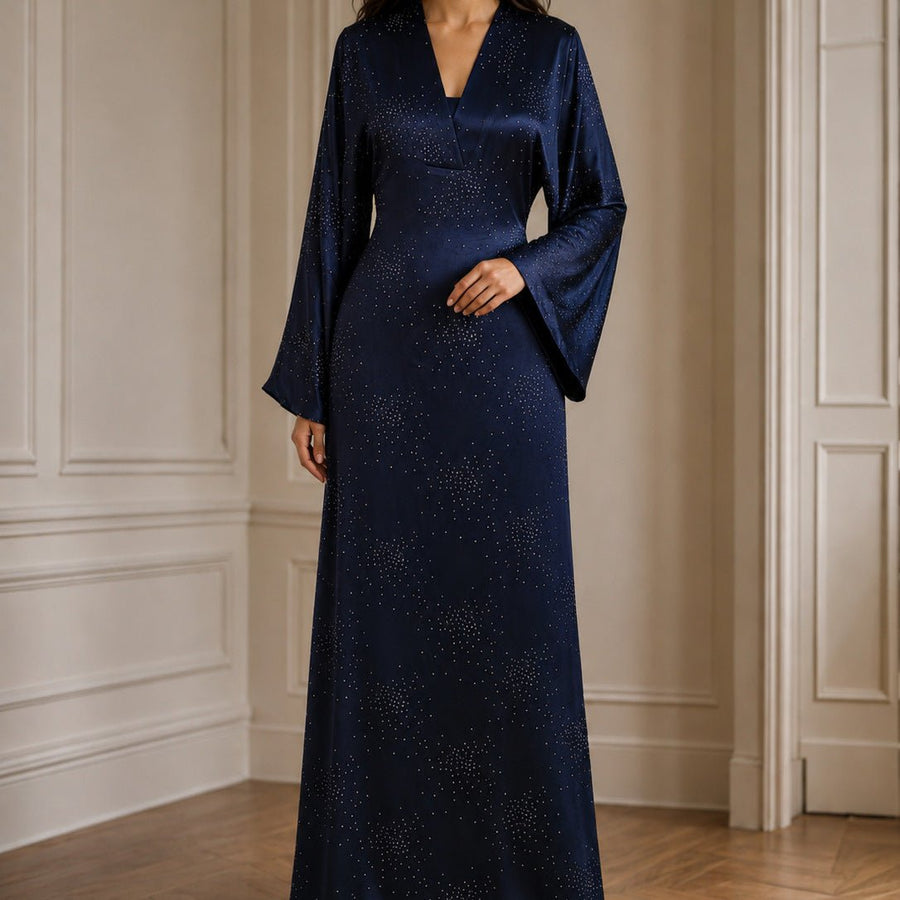 Robe Maxi Galaxy Rhinestone Encolure V Manches Évasées (MS518)