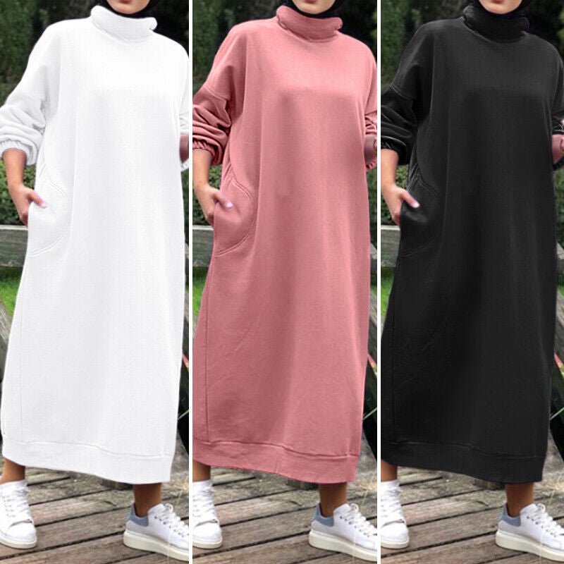 Robe Maxi Col Roulé Doublée Automne Hiver | Robe Sweat Décontractée avec Poignets Élastiqués (MS138)