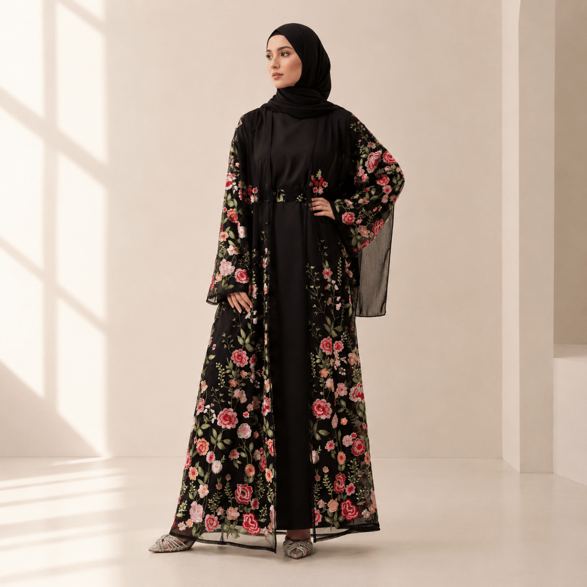 Abaya ouverte brodée Jardin de Roses effet 3D (MOA275)