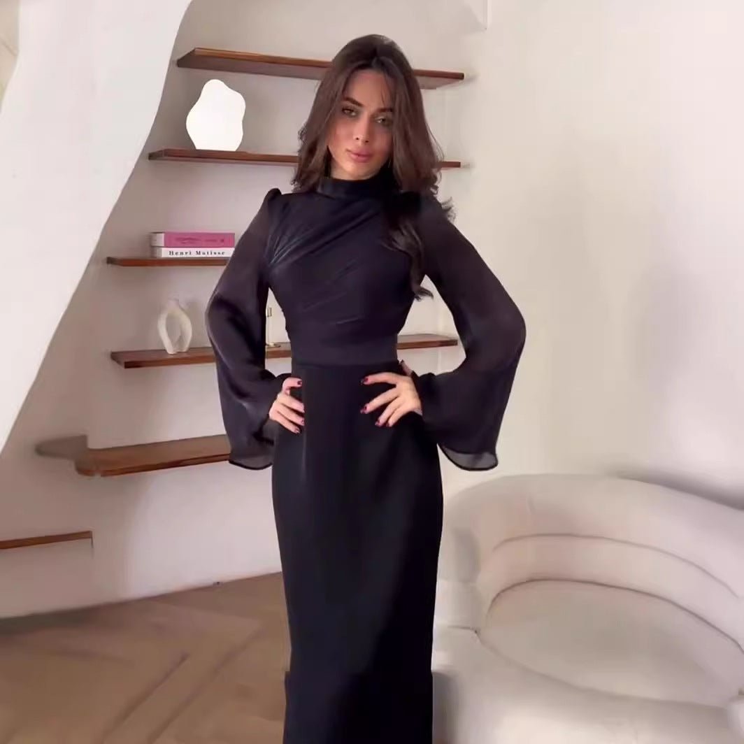 Robe Abaya élégante à demi-col roulé, manches évasées et plis à la française (MA198)