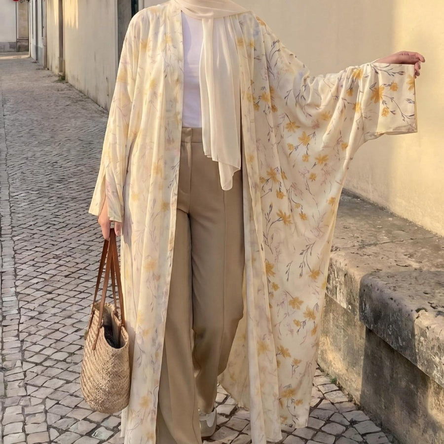 Abaya Ouverte à Poignets Noués Imprimé Floral Jaune (MOA342)