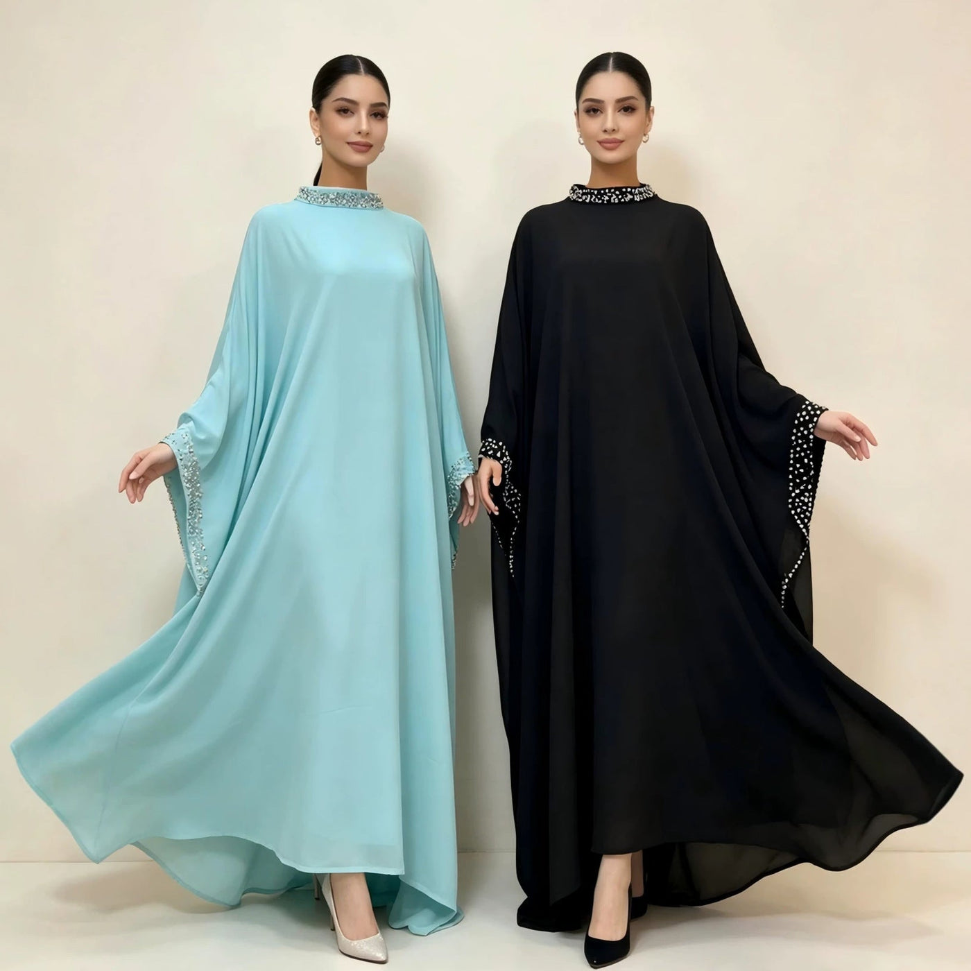Robe Abaya Maxi à Col Montant et Manches Batwing Ornée de Perles et Cristaux (MA468)