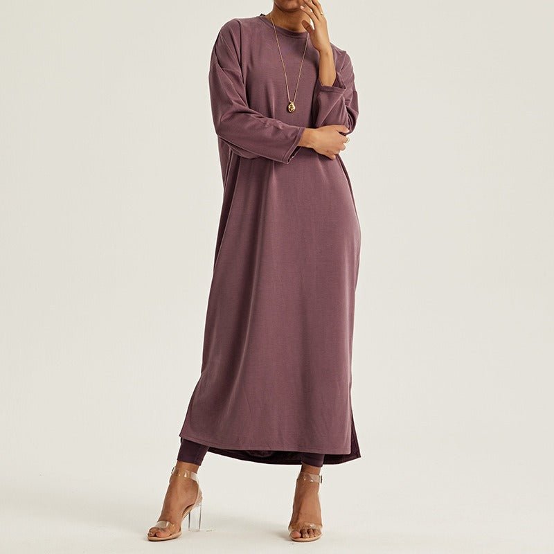 Robe Maxi à Épaules Tombantes et Col Rond - Abaya Modeste Unie avec Fentes Latérales (MA309)