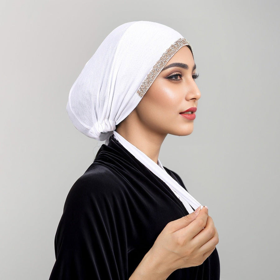 Bonnet Hijab de Luxe en Coton Mercerisé, Orné de Cristaux, Réglable avec Lacet Élastique, Design Respirant (MH115)