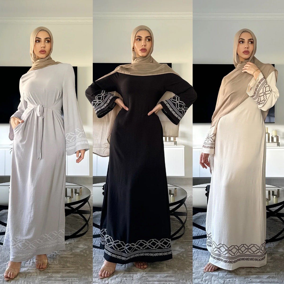 Collection d'Abayas Luxueuses et Modestes à Manches Évasées Brodées | Robes Musulmanes avec Broderie Géométrique Blanche (MA262)