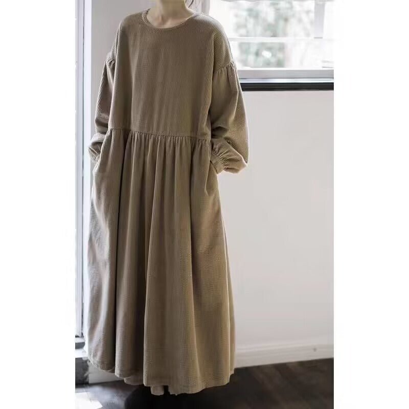 Robe Maxi en Velours Côtelé à Manches Bouffantes avec Poches | Robe d'Hiver Vintage en Velours Côtelé Doux (MS205)