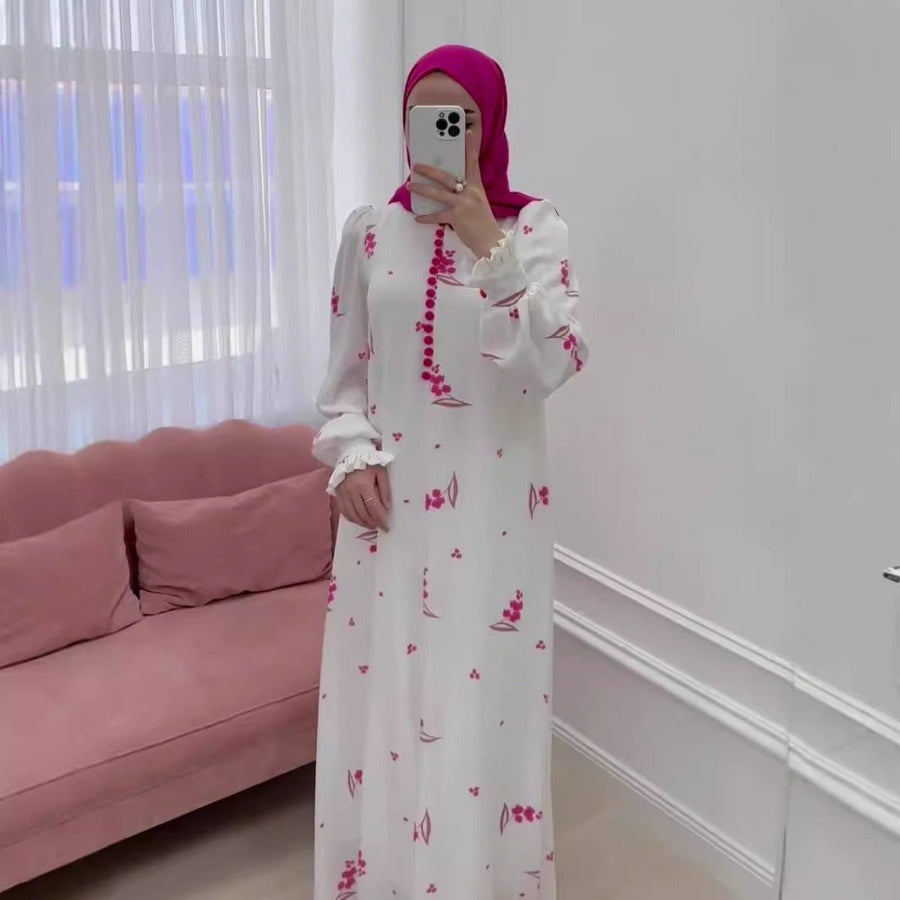 Robe Longue Élégante à Manches Volantées, Motif Floral Rose Romantique, Robe Modeste Abaya (MA227)