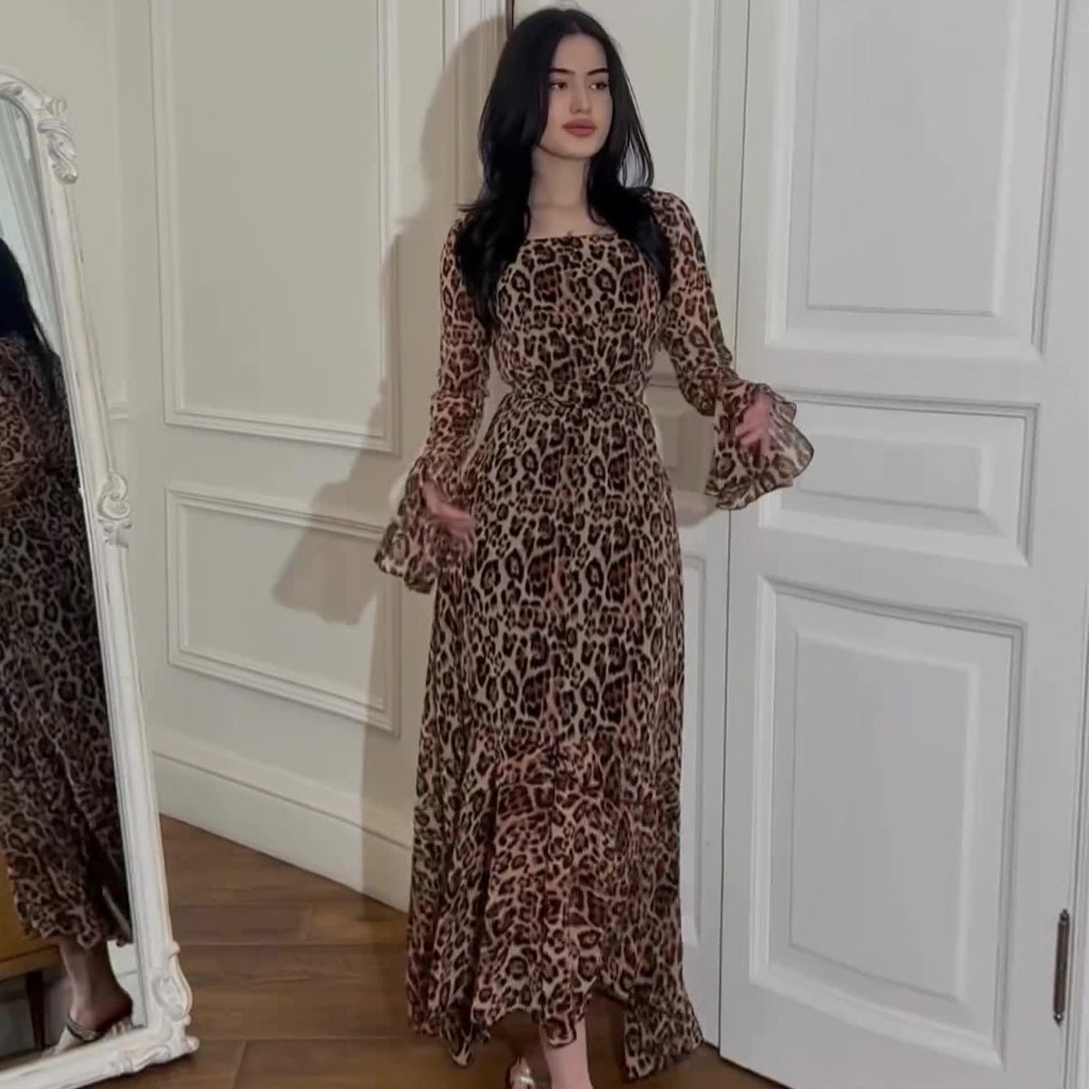 Robe en mousseline imprimé léopard à manches volantées (MS336)