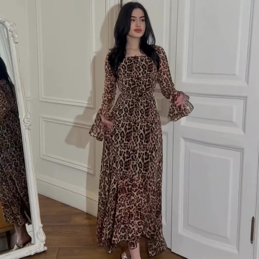 Robe en mousseline imprimé léopard à manches volantées (MS336)