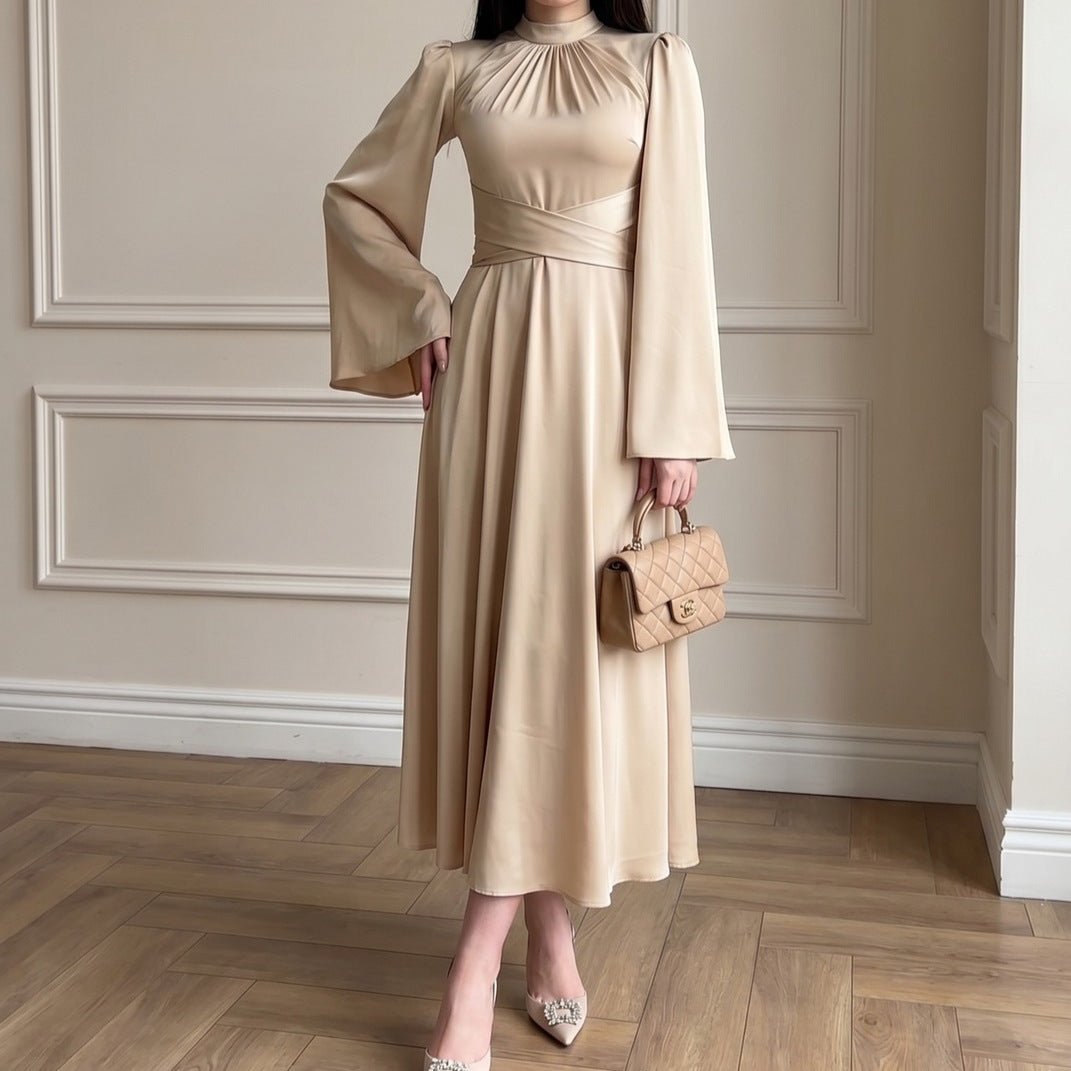 Robe Maxi en Satin à Col Croisé Drapé (MS445)