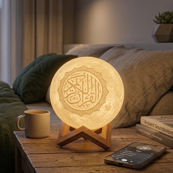 Lampe Lune Coran Imprimée 3D avec Enceinte Bluetooth - Veilleuse RGB 16 Couleurs avec Commande Tactile et Télécommande avec Socle en Bois (MAC481)