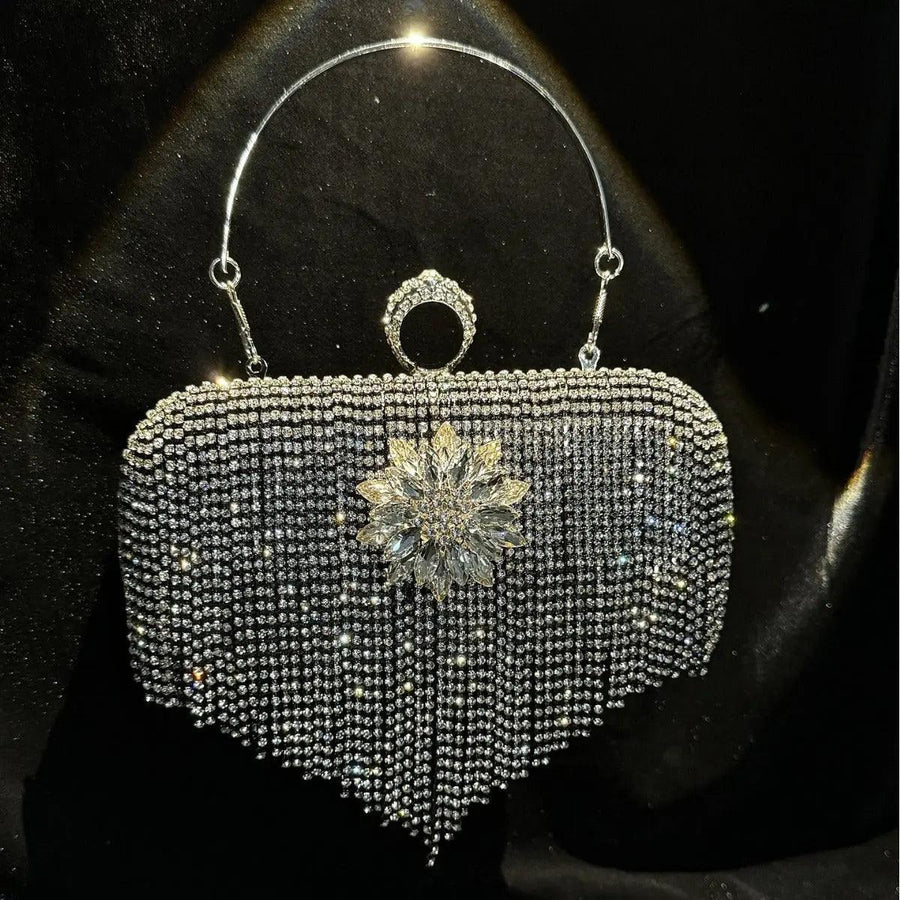 MAC056 Pochette de soirée à pompon, sac à main de luxe orné de strass, pour soirée et bal de promo, avec chaîne amovible