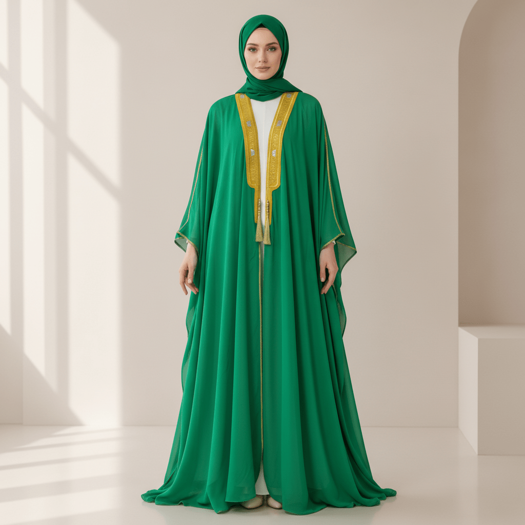 Pièce d'archive - Kaftan ouvert brodé géométrique doré avec finition à pompons - MP052 (Taille XXL uniquement)