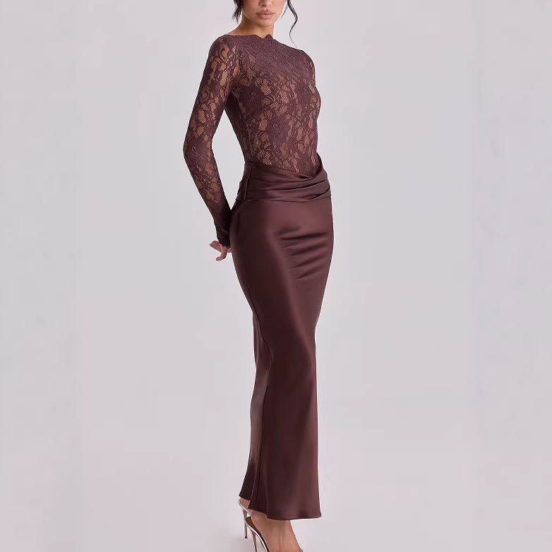 Robe Maxi Sirène en Satin Froncé avec Bustier en Dentelle (MS415)
