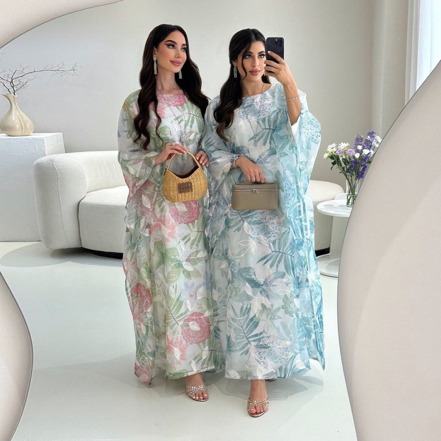 Abaya Kaftan Fleurs Aquarelle | Abaya à Enfiler Manches Chauve-Souris (MA371)