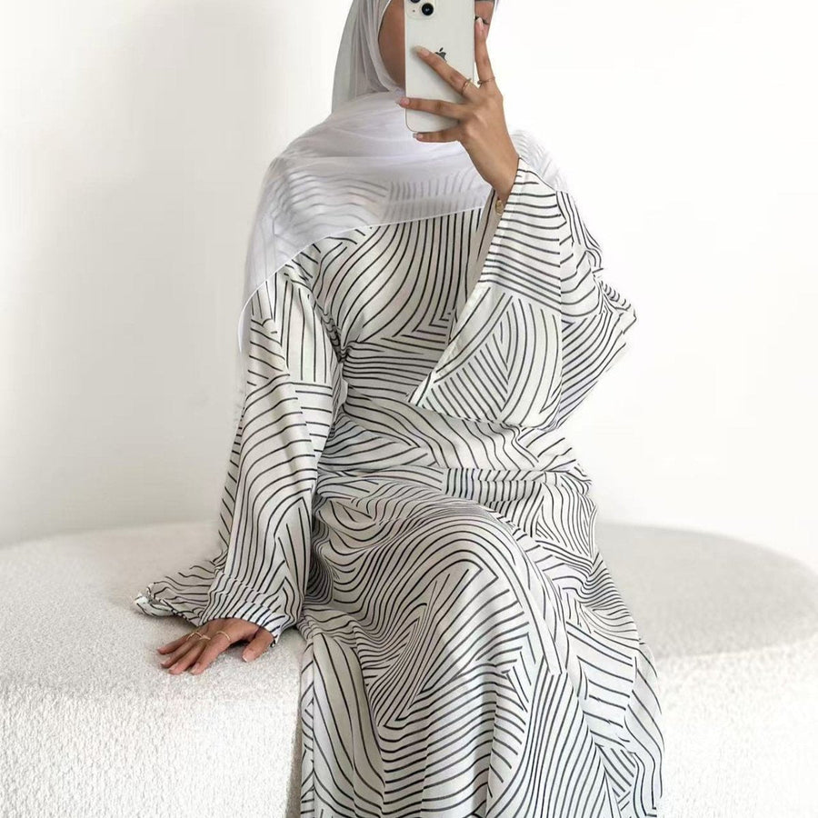 Robe Maxi Imprimée à Manches Cloche Froissées-Délavées (MS474)