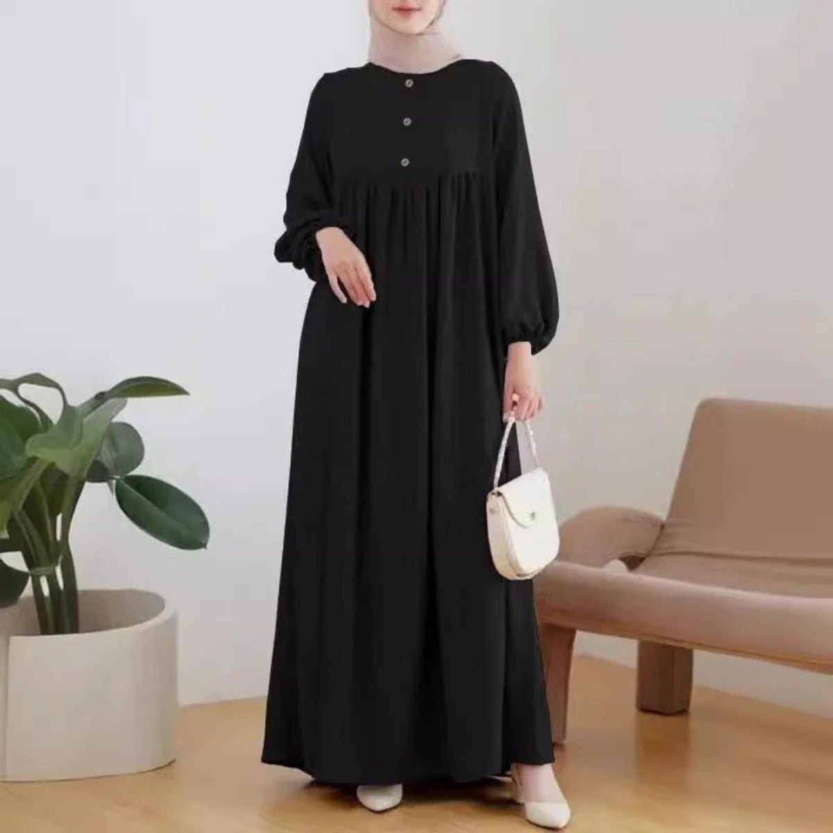 Robe Abaya Maxi Longue Unie à Manches Bouffantes et Boutons, Casual et Élégante (MA157)