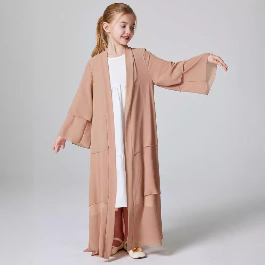 Abaya ouverte en mousseline unie 3 couches pour fillettes (MKG009)