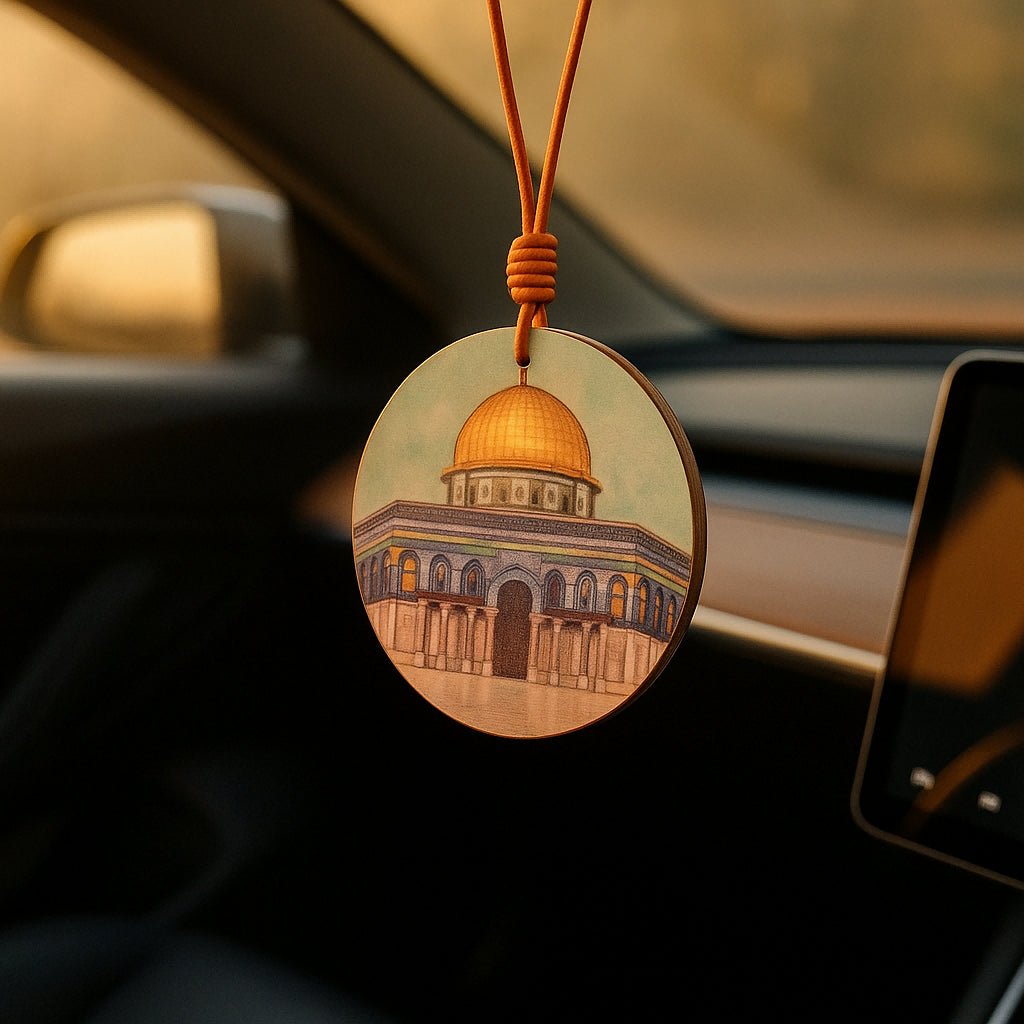 Suspension de rétroviseur islamique artisanale | Ornement de voiture islamique en cuir premium avec motif géométrique (MAC260)