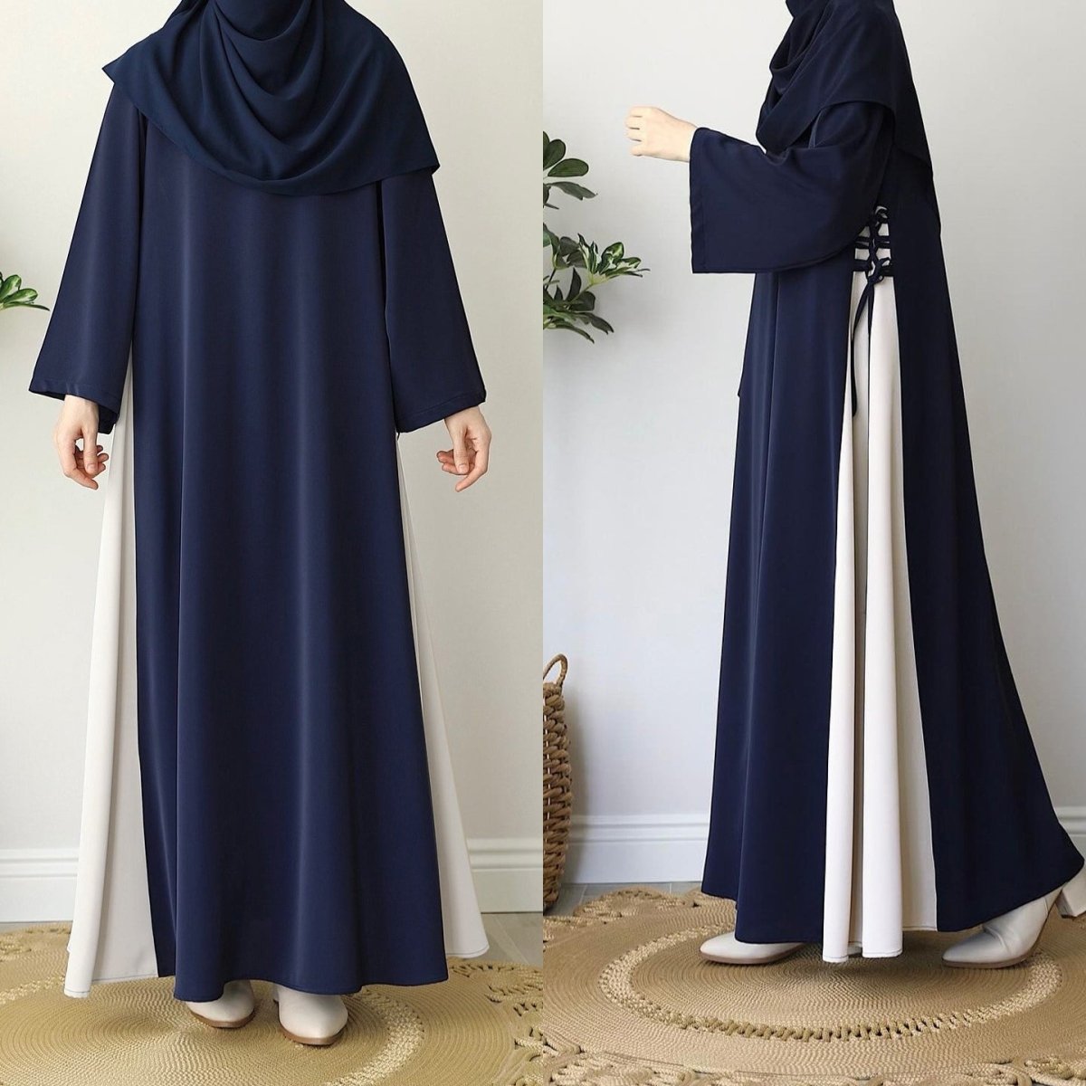 Abaya bicolore avec nœud sur le côté | Abaya maxi bicolore à col rond (MA362)