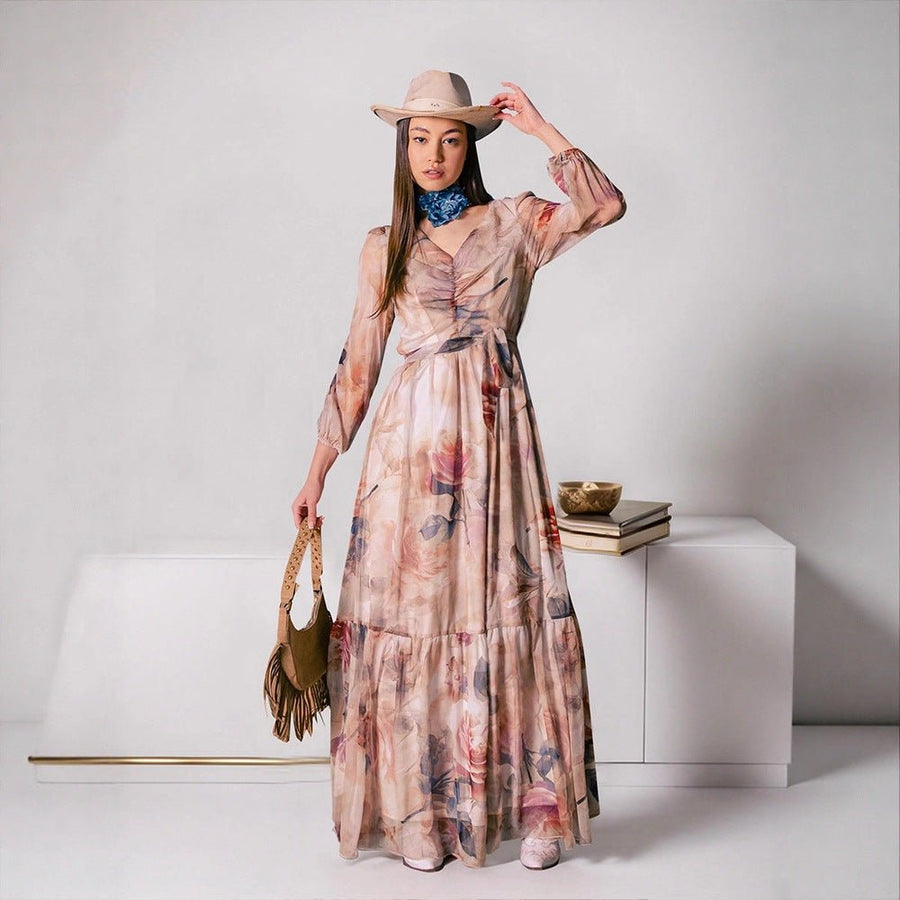 Robe Longue Col en V Motif Floral Aquarelle (MS372)