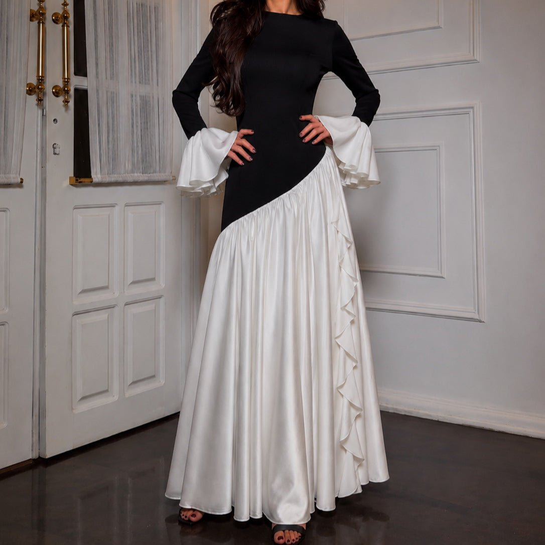 Robe Maxi à Volants aux Poignets et Blocs de Couleurs Noir et Blanc (MS509)